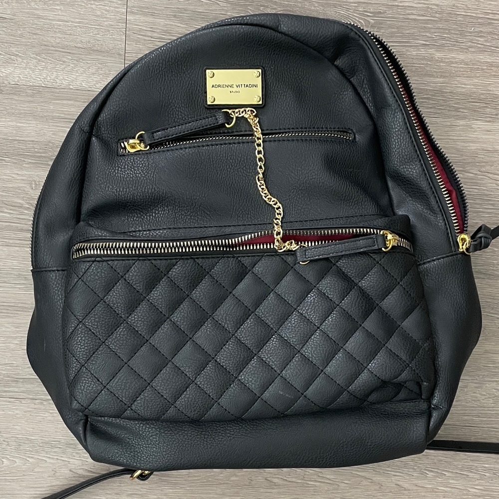 Adrienne Vittadini Quilted Black Backpack with Gold Accents